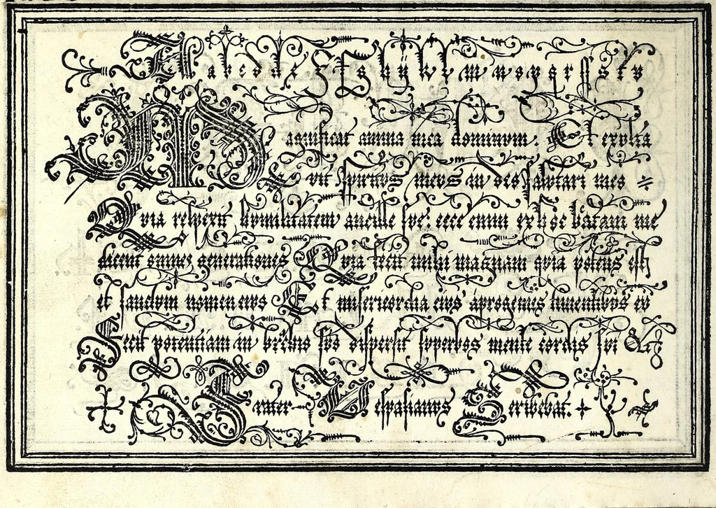 An illustration from Opera di frate Vespasiano Amphiareo da Ferrara dell'ordine minore conventvale, nella qvale s'insegna a scrivere varie sorti di lettere : & massime una lettera bastarda da lui nouamente con sua industria ritrouata, laquale serue al cancellaresco & mercantesco : poi insegna a far l'inchiostro negrissimo con tanta facilità, che ciascuno per semplice che sia, lo saprà far da se : anchora a macinar l'oro, & scriuere con esso come si farà con l'inchiostro, parimente a scriuere con l'azurro, & col cenaprio : opera vtilissima, e molto necessaria all'uso humano : aggivntovi di nvovo dve bellissimi alpha beti di maiuscole, che nell'altre impressioni non si sono piu stampati, 1572, leaf 38
