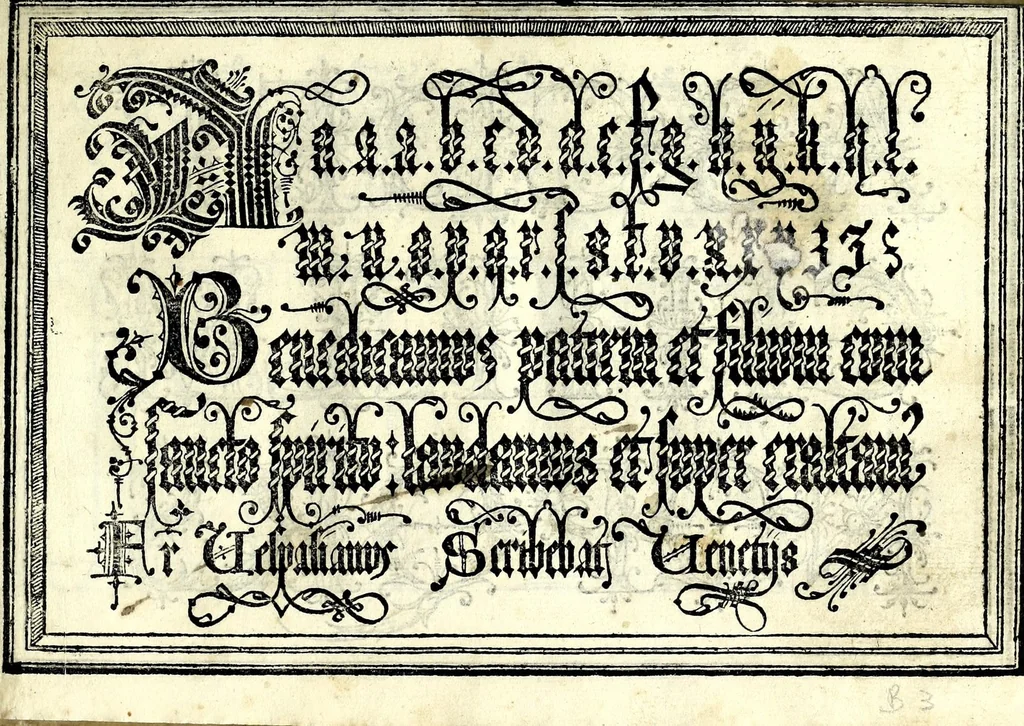 An illustration from Opera di frate Vespasiano Amphiareo da Ferrara dell'ordine minore conventvale, nella qvale s'insegna a scrivere varie sorti di lettere : & massime una lettera bastarda da lui nouamente con sua industria ritrouata, laquale serue al cancellaresco & mercantesco : poi insegna a far l'inchiostro negrissimo con tanta facilità, che ciascuno per semplice che sia, lo saprà far da se : anchora a macinar l'oro, & scriuere con esso come si farà con l'inchiostro, parimente a scriuere con l'azurro, & col cenaprio : opera vtilissima, e molto necessaria all'uso humano : aggivntovi di nvovo dve bellissimi alpha beti di maiuscole, che nell'altre impressioni non si sono piu stampati, 1572, leaf 41