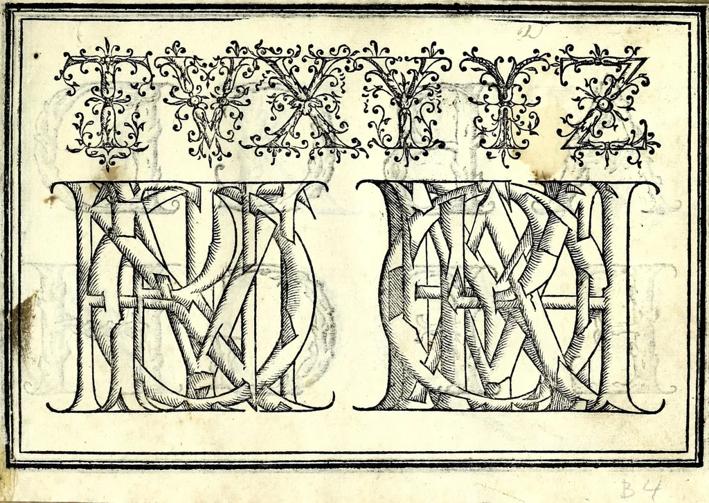An illustration from Opera di frate Vespasiano Amphiareo da Ferrara dell'ordine minore conventvale, nella qvale s'insegna a scrivere varie sorti di lettere : & massime una lettera bastarda da lui nouamente con sua industria ritrouata, laquale serue al cancellaresco & mercantesco : poi insegna a far l'inchiostro negrissimo con tanta facilità, che ciascuno per semplice che sia, lo saprà far da se : anchora a macinar l'oro, & scriuere con esso come si farà con l'inchiostro, parimente a scriuere con l'azurro, & col cenaprio : opera vtilissima, e molto necessaria all'uso humano : aggivntovi di nvovo dve bellissimi alpha beti di maiuscole, che nell'altre impressioni non si sono piu stampati, 1572, leaf 43
