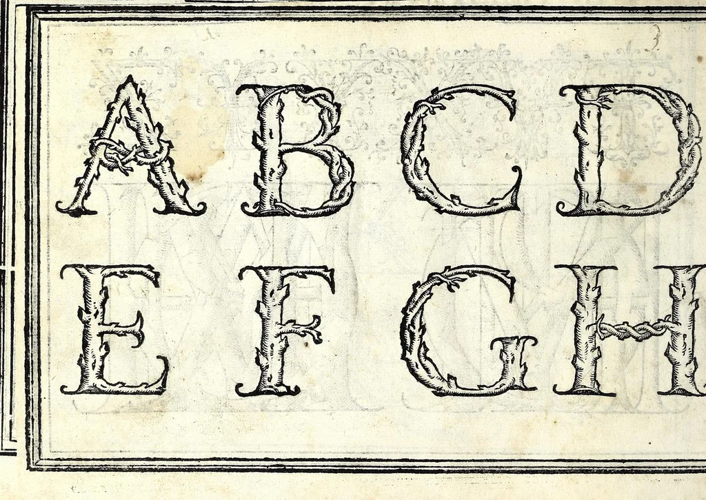 An illustration from Opera di frate Vespasiano Amphiareo da Ferrara dell'ordine minore conventvale, nella qvale s'insegna a scrivere varie sorti di lettere : & massime una lettera bastarda da lui nouamente con sua industria ritrouata, laquale serue al cancellaresco & mercantesco : poi insegna a far l'inchiostro negrissimo con tanta facilità, che ciascuno per semplice che sia, lo saprà far da se : anchora a macinar l'oro, & scriuere con esso come si farà con l'inchiostro, parimente a scriuere con l'azurro, & col cenaprio : opera vtilissima, e molto necessaria all'uso humano : aggivntovi di nvovo dve bellissimi alpha beti di maiuscole, che nell'altre impressioni non si sono piu stampati, 1572, leaf 44