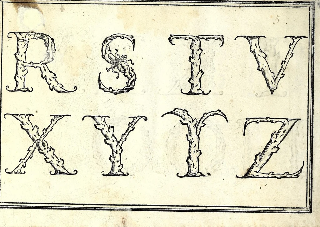 An illustration from Opera di frate Vespasiano Amphiareo da Ferrara dell'ordine minore conventvale, nella qvale s'insegna a scrivere varie sorti di lettere : & massime una lettera bastarda da lui nouamente con sua industria ritrouata, laquale serue al cancellaresco & mercantesco : poi insegna a far l'inchiostro negrissimo con tanta facilità, che ciascuno per semplice che sia, lo saprà far da se : anchora a macinar l'oro, & scriuere con esso come si farà con l'inchiostro, parimente a scriuere con l'azurro, & col cenaprio : opera vtilissima, e molto necessaria all'uso humano : aggivntovi di nvovo dve bellissimi alpha beti di maiuscole, che nell'altre impressioni non si sono piu stampati, 1572, leaf 46