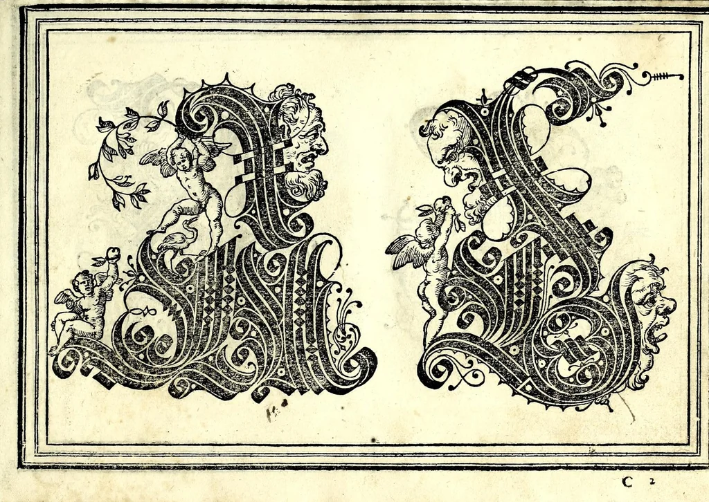 An illustration from Opera di frate Vespasiano Amphiareo da Ferrara dell'ordine minore conventvale, nella qvale s'insegna a scrivere varie sorti di lettere : & massime una lettera bastarda da lui nouamente con sua industria ritrouata, laquale serue al cancellaresco & mercantesco : poi insegna a far l'inchiostro negrissimo con tanta facilità, che ciascuno per semplice che sia, lo saprà far da se : anchora a macinar l'oro, & scriuere con esso come si farà con l'inchiostro, parimente a scriuere con l'azurro, & col cenaprio : opera vtilissima, e molto necessaria all'uso humano : aggivntovi di nvovo dve bellissimi alpha beti di maiuscole, che nell'altre impressioni non si sono piu stampati, 1572, leaf 47