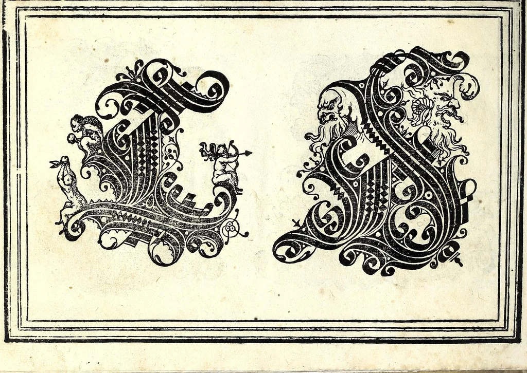 An illustration from Opera di frate Vespasiano Amphiareo da Ferrara dell'ordine minore conventvale, nella qvale s'insegna a scrivere varie sorti di lettere : & massime una lettera bastarda da lui nouamente con sua industria ritrouata, laquale serue al cancellaresco & mercantesco : poi insegna a far l'inchiostro negrissimo con tanta facilità, che ciascuno per semplice che sia, lo saprà far da se : anchora a macinar l'oro, & scriuere con esso come si farà con l'inchiostro, parimente a scriuere con l'azurro, & col cenaprio : opera vtilissima, e molto necessaria all'uso humano : aggivntovi di nvovo dve bellissimi alpha beti di maiuscole, che nell'altre impressioni non si sono piu stampati, 1572, leaf 48