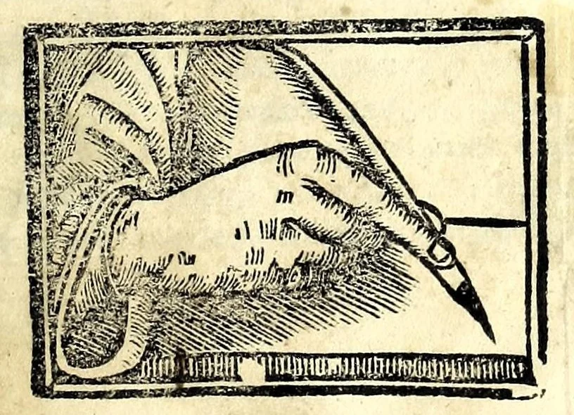 An illustration from Opera di frate Vespasiano Amphiareo da Ferrara dell'ordine minore conventvale, nella qvale s'insegna a scrivere varie sorti di lettere : & massime una lettera bastarda da lui nouamente con sua industria ritrouata, laquale serue al cancellaresco & mercantesco : poi insegna a far l'inchiostro negrissimo con tanta facilità, che ciascuno per semplice che sia, lo saprà far da se : anchora a macinar l'oro, & scriuere con esso come si farà con l'inchiostro, parimente a scriuere con l'azurro, & col cenaprio : opera vtilissima, e molto necessaria all'uso humano : aggivntovi di nvovo dve bellissimi alpha beti di maiuscole, che nell'altre impressioni non si sono piu stampati, 1572, leaf 5
