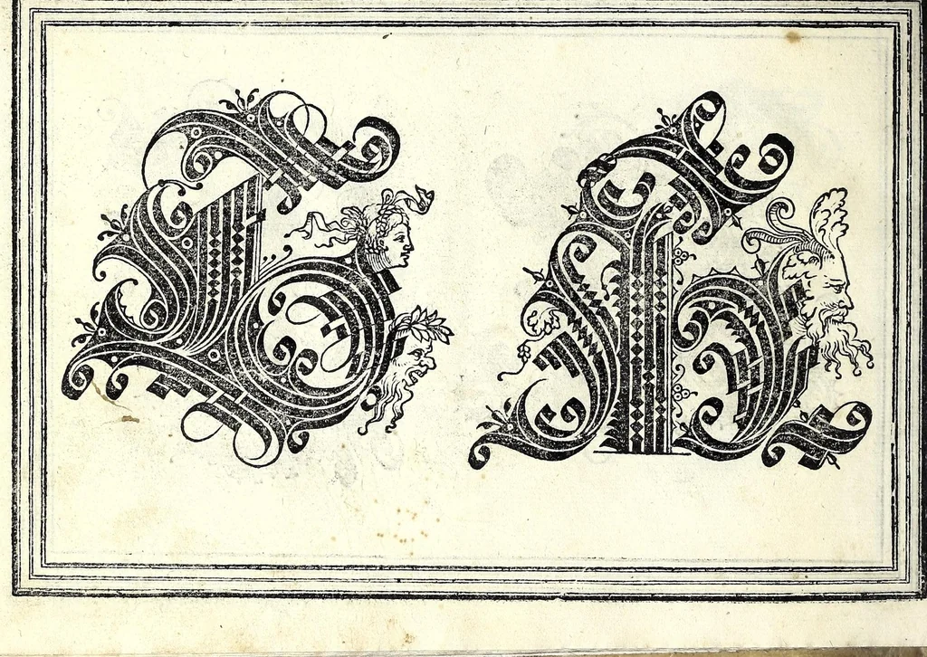 An illustration from Opera di frate Vespasiano Amphiareo da Ferrara dell'ordine minore conventvale, nella qvale s'insegna a scrivere varie sorti di lettere : & massime una lettera bastarda da lui nouamente con sua industria ritrouata, laquale serue al cancellaresco & mercantesco : poi insegna a far l'inchiostro negrissimo con tanta facilità, che ciascuno per semplice che sia, lo saprà far da se : anchora a macinar l'oro, & scriuere con esso come si farà con l'inchiostro, parimente a scriuere con l'azurro, & col cenaprio : opera vtilissima, e molto necessaria all'uso humano : aggivntovi di nvovo dve bellissimi alpha beti di maiuscole, che nell'altre impressioni non si sono piu stampati, 1572, leaf 50