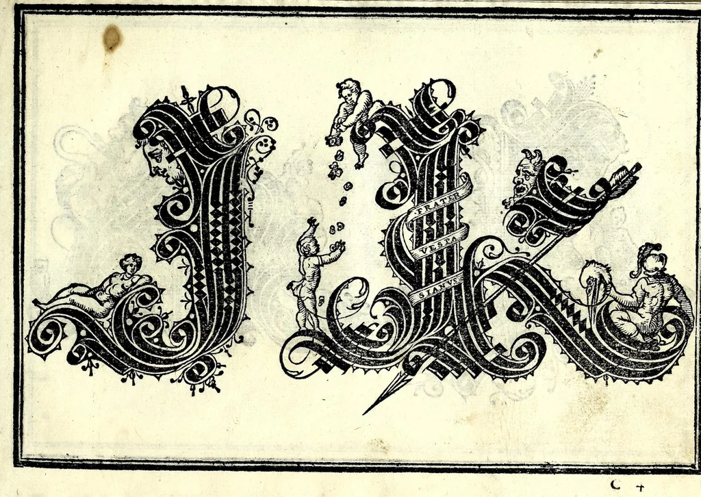 An illustration from Opera di frate Vespasiano Amphiareo da Ferrara dell'ordine minore conventvale, nella qvale s'insegna a scrivere varie sorti di lettere : & massime una lettera bastarda da lui nouamente con sua industria ritrouata, laquale serue al cancellaresco & mercantesco : poi insegna a far l'inchiostro negrissimo con tanta facilità, che ciascuno per semplice che sia, lo saprà far da se : anchora a macinar l'oro, & scriuere con esso come si farà con l'inchiostro, parimente a scriuere con l'azurro, & col cenaprio : opera vtilissima, e molto necessaria all'uso humano : aggivntovi di nvovo dve bellissimi alpha beti di maiuscole, che nell'altre impressioni non si sono piu stampati, 1572, leaf 51