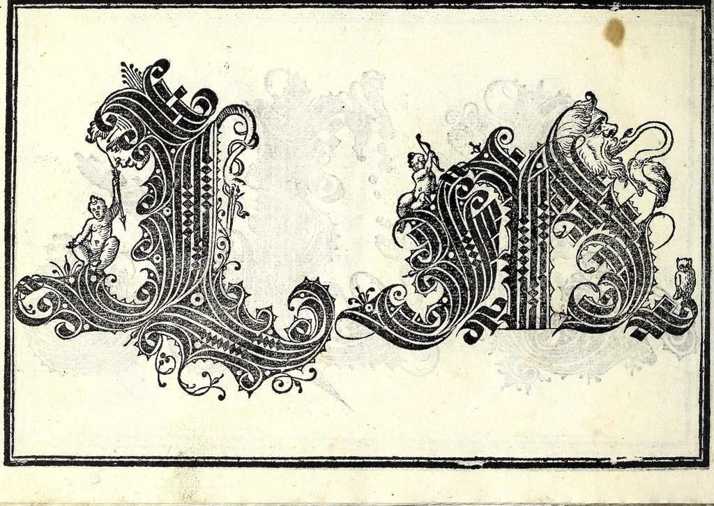 An illustration from Opera di frate Vespasiano Amphiareo da Ferrara dell'ordine minore conventvale, nella qvale s'insegna a scrivere varie sorti di lettere : & massime una lettera bastarda da lui nouamente con sua industria ritrouata, laquale serue al cancellaresco & mercantesco : poi insegna a far l'inchiostro negrissimo con tanta facilità, che ciascuno per semplice che sia, lo saprà far da se : anchora a macinar l'oro, & scriuere con esso come si farà con l'inchiostro, parimente a scriuere con l'azurro, & col cenaprio : opera vtilissima, e molto necessaria all'uso humano : aggivntovi di nvovo dve bellissimi alpha beti di maiuscole, che nell'altre impressioni non si sono piu stampati, 1572, leaf 52
