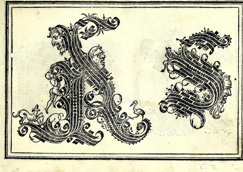 An illustration from Opera di frate Vespasiano Amphiareo da Ferrara dell'ordine minore conventvale, nella qvale s'insegna a scrivere varie sorti di lettere : & massime una lettera bastarda da lui nouamente con sua industria ritrouata, laquale serue al cancellaresco & mercantesco : poi insegna a far l'inchiostro negrissimo con tanta facilità, che ciascuno per semplice che sia, lo saprà far da se : anchora a macinar l'oro, & scriuere con esso come si farà con l'inchiostro, parimente a scriuere con l'azurro, & col cenaprio : opera vtilissima, e molto necessaria all'uso humano : aggivntovi di nvovo dve bellissimi alpha beti di maiuscole, che nell'altre impressioni non si sono piu stampati, 1572, leaf 55