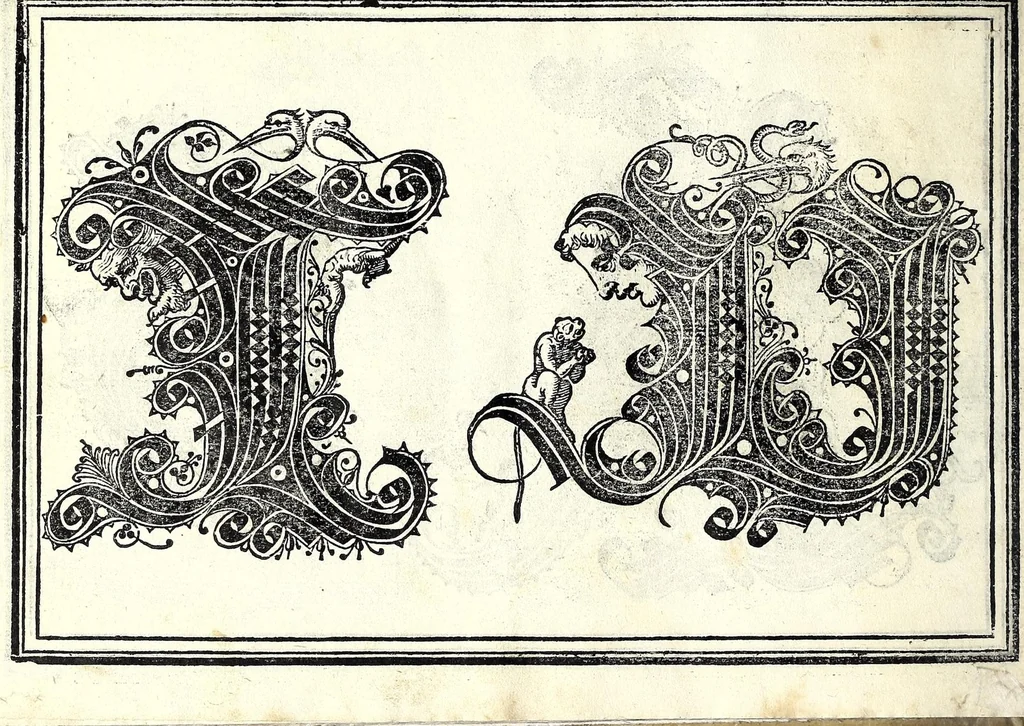 An illustration from Opera di frate Vespasiano Amphiareo da Ferrara dell'ordine minore conventvale, nella qvale s'insegna a scrivere varie sorti di lettere : & massime una lettera bastarda da lui nouamente con sua industria ritrouata, laquale serue al cancellaresco & mercantesco : poi insegna a far l'inchiostro negrissimo con tanta facilità, che ciascuno per semplice che sia, lo saprà far da se : anchora a macinar l'oro, & scriuere con esso come si farà con l'inchiostro, parimente a scriuere con l'azurro, & col cenaprio : opera vtilissima, e molto necessaria all'uso humano : aggivntovi di nvovo dve bellissimi alpha beti di maiuscole, che nell'altre impressioni non si sono piu stampati, 1572, leaf 56