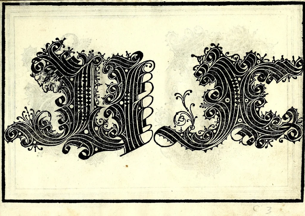 An illustration from Opera di frate Vespasiano Amphiareo da Ferrara dell'ordine minore conventvale, nella qvale s'insegna a scrivere varie sorti di lettere : & massime una lettera bastarda da lui nouamente con sua industria ritrouata, laquale serue al cancellaresco & mercantesco : poi insegna a far l'inchiostro negrissimo con tanta facilità, che ciascuno per semplice che sia, lo saprà far da se : anchora a macinar l'oro, & scriuere con esso come si farà con l'inchiostro, parimente a scriuere con l'azurro, & col cenaprio : opera vtilissima, e molto necessaria all'uso humano : aggivntovi di nvovo dve bellissimi alpha beti di maiuscole, che nell'altre impressioni non si sono piu stampati, 1572, leaf 57