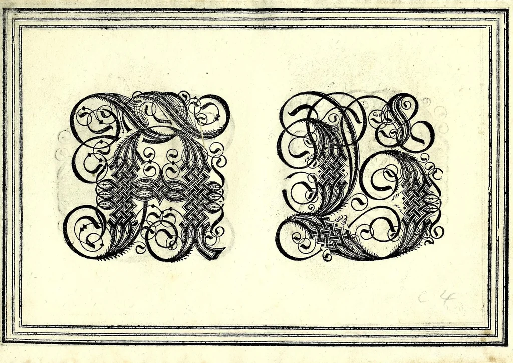 An illustration from Opera di frate Vespasiano Amphiareo da Ferrara dell'ordine minore conventvale, nella qvale s'insegna a scrivere varie sorti di lettere : & massime una lettera bastarda da lui nouamente con sua industria ritrouata, laquale serue al cancellaresco & mercantesco : poi insegna a far l'inchiostro negrissimo con tanta facilità, che ciascuno per semplice che sia, lo saprà far da se : anchora a macinar l'oro, & scriuere con esso come si farà con l'inchiostro, parimente a scriuere con l'azurro, & col cenaprio : opera vtilissima, e molto necessaria all'uso humano : aggivntovi di nvovo dve bellissimi alpha beti di maiuscole, che nell'altre impressioni non si sono piu stampati, 1572, leaf 59