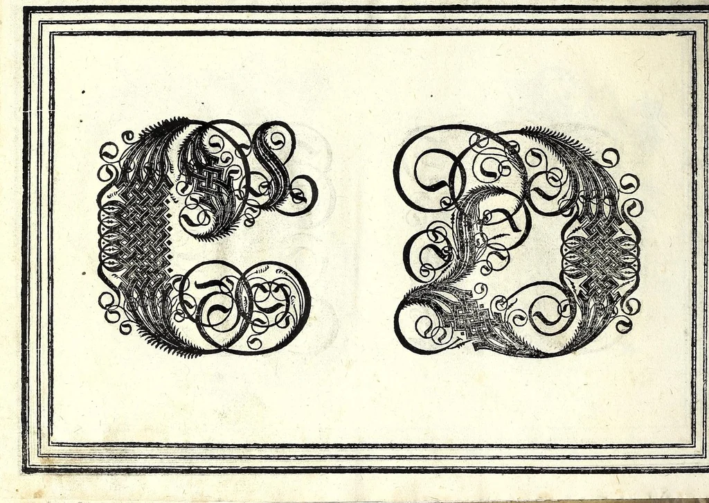 An illustration from Opera di frate Vespasiano Amphiareo da Ferrara dell'ordine minore conventvale, nella qvale s'insegna a scrivere varie sorti di lettere : & massime una lettera bastarda da lui nouamente con sua industria ritrouata, laquale serue al cancellaresco & mercantesco : poi insegna a far l'inchiostro negrissimo con tanta facilità, che ciascuno per semplice che sia, lo saprà far da se : anchora a macinar l'oro, & scriuere con esso come si farà con l'inchiostro, parimente a scriuere con l'azurro, & col cenaprio : opera vtilissima, e molto necessaria all'uso humano : aggivntovi di nvovo dve bellissimi alpha beti di maiuscole, che nell'altre impressioni non si sono piu stampati, 1572, leaf 60