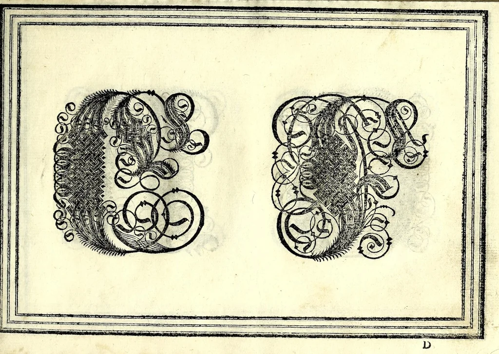 An illustration from Opera di frate Vespasiano Amphiareo da Ferrara dell'ordine minore conventvale, nella qvale s'insegna a scrivere varie sorti di lettere : & massime una lettera bastarda da lui nouamente con sua industria ritrouata, laquale serue al cancellaresco & mercantesco : poi insegna a far l'inchiostro negrissimo con tanta facilità, che ciascuno per semplice che sia, lo saprà far da se : anchora a macinar l'oro, & scriuere con esso come si farà con l'inchiostro, parimente a scriuere con l'azurro, & col cenaprio : opera vtilissima, e molto necessaria all'uso humano : aggivntovi di nvovo dve bellissimi alpha beti di maiuscole, che nell'altre impressioni non si sono piu stampati, 1572, leaf 61