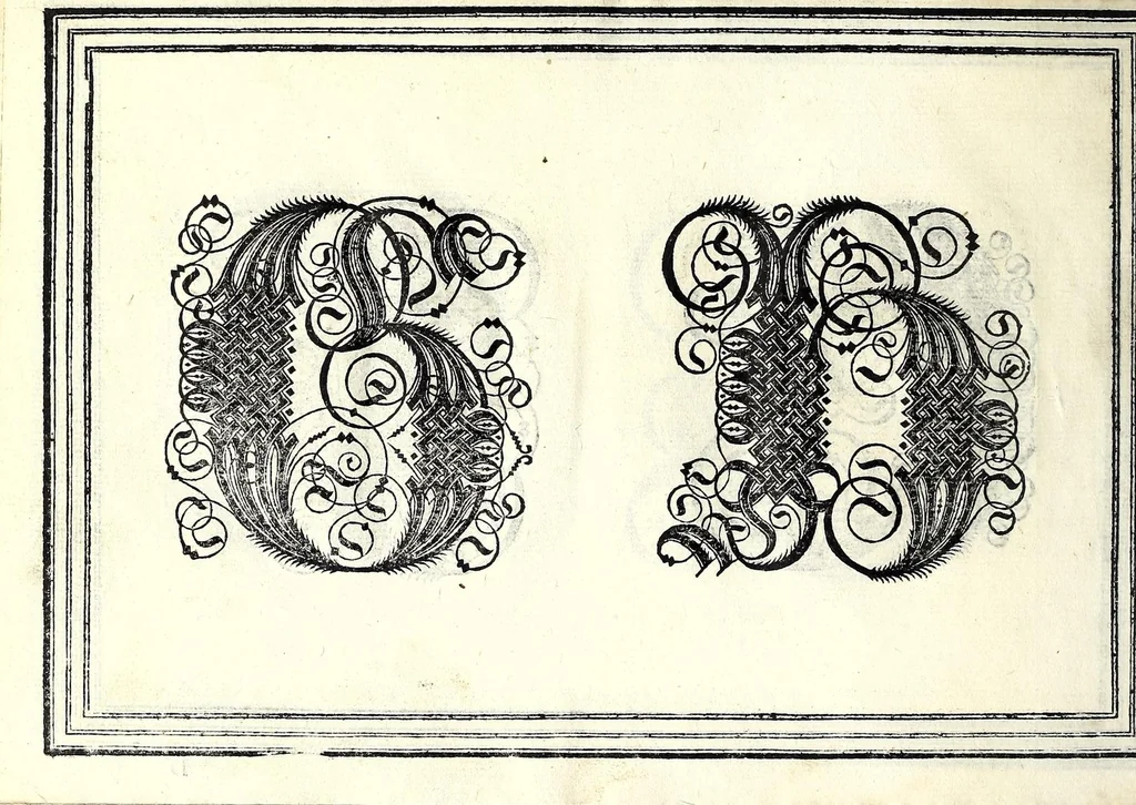 An illustration from Opera di frate Vespasiano Amphiareo da Ferrara dell'ordine minore conventvale, nella qvale s'insegna a scrivere varie sorti di lettere : & massime una lettera bastarda da lui nouamente con sua industria ritrouata, laquale serue al cancellaresco & mercantesco : poi insegna a far l'inchiostro negrissimo con tanta facilità, che ciascuno per semplice che sia, lo saprà far da se : anchora a macinar l'oro, & scriuere con esso come si farà con l'inchiostro, parimente a scriuere con l'azurro, & col cenaprio : opera vtilissima, e molto necessaria all'uso humano : aggivntovi di nvovo dve bellissimi alpha beti di maiuscole, che nell'altre impressioni non si sono piu stampati, 1572, leaf 62