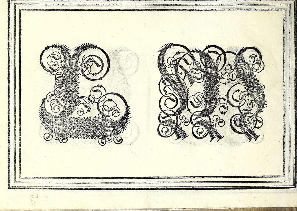 An illustration from Opera di frate Vespasiano Amphiareo da Ferrara dell'ordine minore conventvale, nella qvale s'insegna a scrivere varie sorti di lettere : & massime una lettera bastarda da lui nouamente con sua industria ritrouata, laquale serue al cancellaresco & mercantesco : poi insegna a far l'inchiostro negrissimo con tanta facilità, che ciascuno per semplice che sia, lo saprà far da se : anchora a macinar l'oro, & scriuere con esso come si farà con l'inchiostro, parimente a scriuere con l'azurro, & col cenaprio : opera vtilissima, e molto necessaria all'uso humano : aggivntovi di nvovo dve bellissimi alpha beti di maiuscole, che nell'altre impressioni non si sono piu stampati, 1572, leaf 64