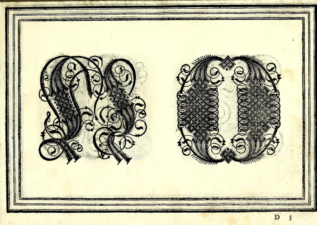 An illustration from Opera di frate Vespasiano Amphiareo da Ferrara dell'ordine minore conventvale, nella qvale s'insegna a scrivere varie sorti di lettere : & massime una lettera bastarda da lui nouamente con sua industria ritrouata, laquale serue al cancellaresco & mercantesco : poi insegna a far l'inchiostro negrissimo con tanta facilità, che ciascuno per semplice che sia, lo saprà far da se : anchora a macinar l'oro, & scriuere con esso come si farà con l'inchiostro, parimente a scriuere con l'azurro, & col cenaprio : opera vtilissima, e molto necessaria all'uso humano : aggivntovi di nvovo dve bellissimi alpha beti di maiuscole, che nell'altre impressioni non si sono piu stampati, 1572, leaf 65