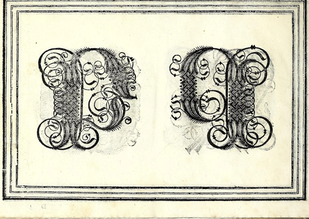 An illustration from Opera di frate Vespasiano Amphiareo da Ferrara dell'ordine minore conventvale, nella qvale s'insegna a scrivere varie sorti di lettere : & massime una lettera bastarda da lui nouamente con sua industria ritrouata, laquale serue al cancellaresco & mercantesco : poi insegna a far l'inchiostro negrissimo con tanta facilità, che ciascuno per semplice che sia, lo saprà far da se : anchora a macinar l'oro, & scriuere con esso come si farà con l'inchiostro, parimente a scriuere con l'azurro, & col cenaprio : opera vtilissima, e molto necessaria all'uso humano : aggivntovi di nvovo dve bellissimi alpha beti di maiuscole, che nell'altre impressioni non si sono piu stampati, 1572, leaf 66
