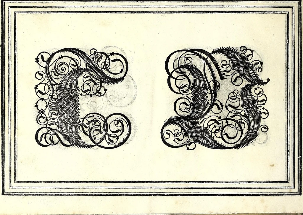 An illustration from Opera di frate Vespasiano Amphiareo da Ferrara dell'ordine minore conventvale, nella qvale s'insegna a scrivere varie sorti di lettere : & massime una lettera bastarda da lui nouamente con sua industria ritrouata, laquale serue al cancellaresco & mercantesco : poi insegna a far l'inchiostro negrissimo con tanta facilità, che ciascuno per semplice che sia, lo saprà far da se : anchora a macinar l'oro, & scriuere con esso come si farà con l'inchiostro, parimente a scriuere con l'azurro, & col cenaprio : opera vtilissima, e molto necessaria all'uso humano : aggivntovi di nvovo dve bellissimi alpha beti di maiuscole, che nell'altre impressioni non si sono piu stampati, 1572, leaf 68