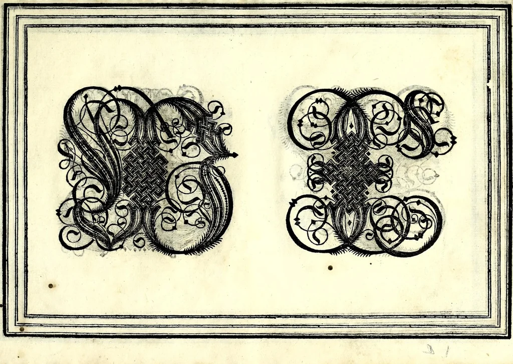 An illustration from Opera di frate Vespasiano Amphiareo da Ferrara dell'ordine minore conventvale, nella qvale s'insegna a scrivere varie sorti di lettere : & massime una lettera bastarda da lui nouamente con sua industria ritrouata, laquale serue al cancellaresco & mercantesco : poi insegna a far l'inchiostro negrissimo con tanta facilità, che ciascuno per semplice che sia, lo saprà far da se : anchora a macinar l'oro, & scriuere con esso come si farà con l'inchiostro, parimente a scriuere con l'azurro, & col cenaprio : opera vtilissima, e molto necessaria all'uso humano : aggivntovi di nvovo dve bellissimi alpha beti di maiuscole, che nell'altre impressioni non si sono piu stampati, 1572, leaf 69