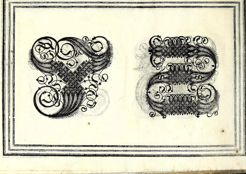 An illustration from Opera di frate Vespasiano Amphiareo da Ferrara dell'ordine minore conventvale, nella qvale s'insegna a scrivere varie sorti di lettere : & massime una lettera bastarda da lui nouamente con sua industria ritrouata, laquale serue al cancellaresco & mercantesco : poi insegna a far l'inchiostro negrissimo con tanta facilità, che ciascuno per semplice che sia, lo saprà far da se : anchora a macinar l'oro, & scriuere con esso come si farà con l'inchiostro, parimente a scriuere con l'azurro, & col cenaprio : opera vtilissima, e molto necessaria all'uso humano : aggivntovi di nvovo dve bellissimi alpha beti di maiuscole, che nell'altre impressioni non si sono piu stampati, 1572, leaf 70