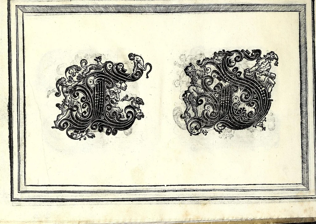 An illustration from Opera di frate Vespasiano Amphiareo da Ferrara dell'ordine minore conventvale, nella qvale s'insegna a scrivere varie sorti di lettere : & massime una lettera bastarda da lui nouamente con sua industria ritrouata, laquale serue al cancellaresco & mercantesco : poi insegna a far l'inchiostro negrissimo con tanta facilità, che ciascuno per semplice che sia, lo saprà far da se : anchora a macinar l'oro, & scriuere con esso come si farà con l'inchiostro, parimente a scriuere con l'azurro, & col cenaprio : opera vtilissima, e molto necessaria all'uso humano : aggivntovi di nvovo dve bellissimi alpha beti di maiuscole, che nell'altre impressioni non si sono piu stampati, 1572, leaf 72