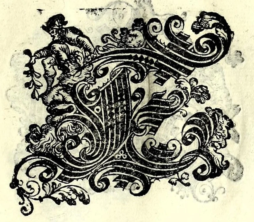 An illustration from Opera di frate Vespasiano Amphiareo da Ferrara dell'ordine minore conventvale, nella qvale s'insegna a scrivere varie sorti di lettere : & massime una lettera bastarda da lui nouamente con sua industria ritrouata, laquale serue al cancellaresco & mercantesco : poi insegna a far l'inchiostro negrissimo con tanta facilità, che ciascuno per semplice che sia, lo saprà far da se : anchora a macinar l'oro, & scriuere con esso come si farà con l'inchiostro, parimente a scriuere con l'azurro, & col cenaprio : opera vtilissima, e molto necessaria all'uso humano : aggivntovi di nvovo dve bellissimi alpha beti di maiuscole, che nell'altre impressioni non si sono piu stampati, 1572, leaf 73
