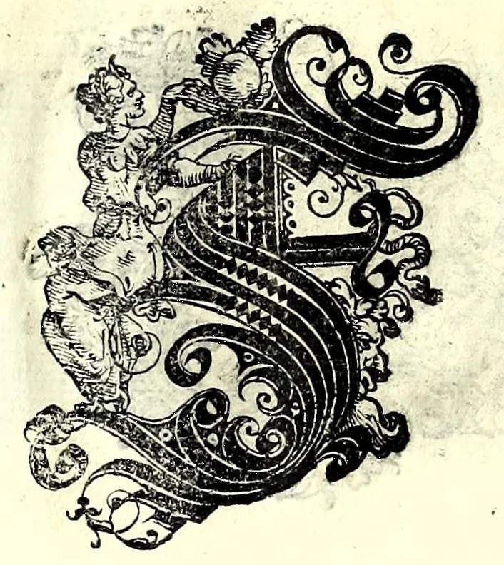 An illustration from Opera di frate Vespasiano Amphiareo da Ferrara dell'ordine minore conventvale, nella qvale s'insegna a scrivere varie sorti di lettere : & massime una lettera bastarda da lui nouamente con sua industria ritrouata, laquale serue al cancellaresco & mercantesco : poi insegna a far l'inchiostro negrissimo con tanta facilità, che ciascuno per semplice che sia, lo saprà far da se : anchora a macinar l'oro, & scriuere con esso come si farà con l'inchiostro, parimente a scriuere con l'azurro, & col cenaprio : opera vtilissima, e molto necessaria all'uso humano : aggivntovi di nvovo dve bellissimi alpha beti di maiuscole, che nell'altre impressioni non si sono piu stampati, 1572, leaf 73
