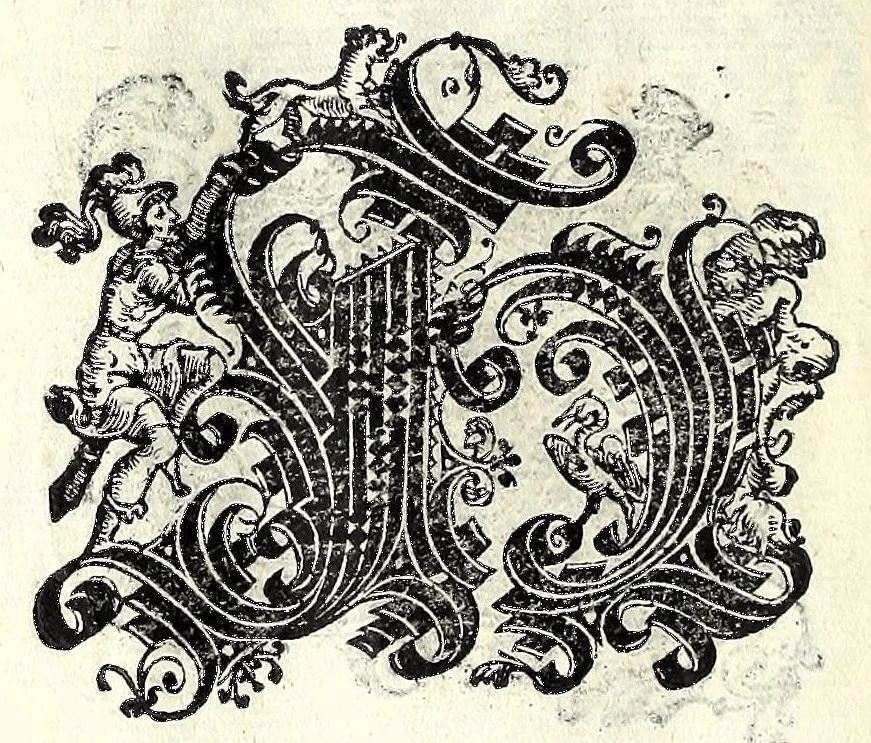An illustration from Opera di frate Vespasiano Amphiareo da Ferrara dell'ordine minore conventvale, nella qvale s'insegna a scrivere varie sorti di lettere : & massime una lettera bastarda da lui nouamente con sua industria ritrouata, laquale serue al cancellaresco & mercantesco : poi insegna a far l'inchiostro negrissimo con tanta facilità, che ciascuno per semplice che sia, lo saprà far da se : anchora a macinar l'oro, & scriuere con esso come si farà con l'inchiostro, parimente a scriuere con l'azurro, & col cenaprio : opera vtilissima, e molto necessaria all'uso humano : aggivntovi di nvovo dve bellissimi alpha beti di maiuscole, che nell'altre impressioni non si sono piu stampati, 1572, leaf 74