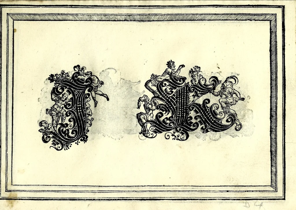 An illustration from Opera di frate Vespasiano Amphiareo da Ferrara dell'ordine minore conventvale, nella qvale s'insegna a scrivere varie sorti di lettere : & massime una lettera bastarda da lui nouamente con sua industria ritrouata, laquale serue al cancellaresco & mercantesco : poi insegna a far l'inchiostro negrissimo con tanta facilità, che ciascuno per semplice che sia, lo saprà far da se : anchora a macinar l'oro, & scriuere con esso come si farà con l'inchiostro, parimente a scriuere con l'azurro, & col cenaprio : opera vtilissima, e molto necessaria all'uso humano : aggivntovi di nvovo dve bellissimi alpha beti di maiuscole, che nell'altre impressioni non si sono piu stampati, 1572, leaf 75