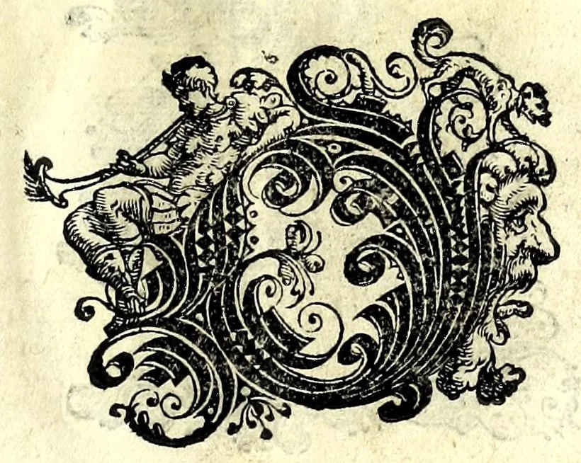 An illustration from Opera di frate Vespasiano Amphiareo da Ferrara dell'ordine minore conventvale, nella qvale s'insegna a scrivere varie sorti di lettere : & massime una lettera bastarda da lui nouamente con sua industria ritrouata, laquale serue al cancellaresco & mercantesco : poi insegna a far l'inchiostro negrissimo con tanta facilità, che ciascuno per semplice che sia, lo saprà far da se : anchora a macinar l'oro, & scriuere con esso come si farà con l'inchiostro, parimente a scriuere con l'azurro, & col cenaprio : opera vtilissima, e molto necessaria all'uso humano : aggivntovi di nvovo dve bellissimi alpha beti di maiuscole, che nell'altre impressioni non si sono piu stampati, 1572, leaf 77