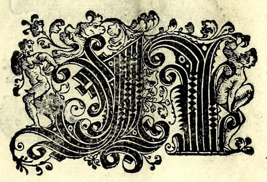 An illustration from Opera di frate Vespasiano Amphiareo da Ferrara dell'ordine minore conventvale, nella qvale s'insegna a scrivere varie sorti di lettere : & massime una lettera bastarda da lui nouamente con sua industria ritrouata, laquale serue al cancellaresco & mercantesco : poi insegna a far l'inchiostro negrissimo con tanta facilità, che ciascuno per semplice che sia, lo saprà far da se : anchora a macinar l'oro, & scriuere con esso come si farà con l'inchiostro, parimente a scriuere con l'azurro, & col cenaprio : opera vtilissima, e molto necessaria all'uso humano : aggivntovi di nvovo dve bellissimi alpha beti di maiuscole, che nell'altre impressioni non si sono piu stampati, 1572, leaf 77