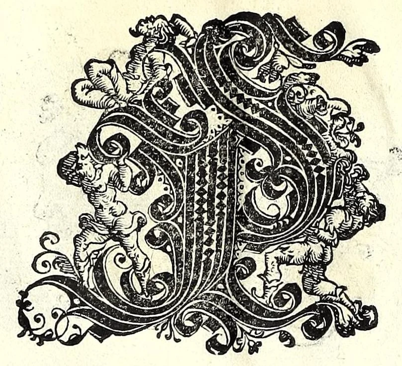 An illustration from Opera di frate Vespasiano Amphiareo da Ferrara dell'ordine minore conventvale, nella qvale s'insegna a scrivere varie sorti di lettere : & massime una lettera bastarda da lui nouamente con sua industria ritrouata, laquale serue al cancellaresco & mercantesco : poi insegna a far l'inchiostro negrissimo con tanta facilità, che ciascuno per semplice che sia, lo saprà far da se : anchora a macinar l'oro, & scriuere con esso come si farà con l'inchiostro, parimente a scriuere con l'azurro, & col cenaprio : opera vtilissima, e molto necessaria all'uso humano : aggivntovi di nvovo dve bellissimi alpha beti di maiuscole, che nell'altre impressioni non si sono piu stampati, 1572, leaf 78