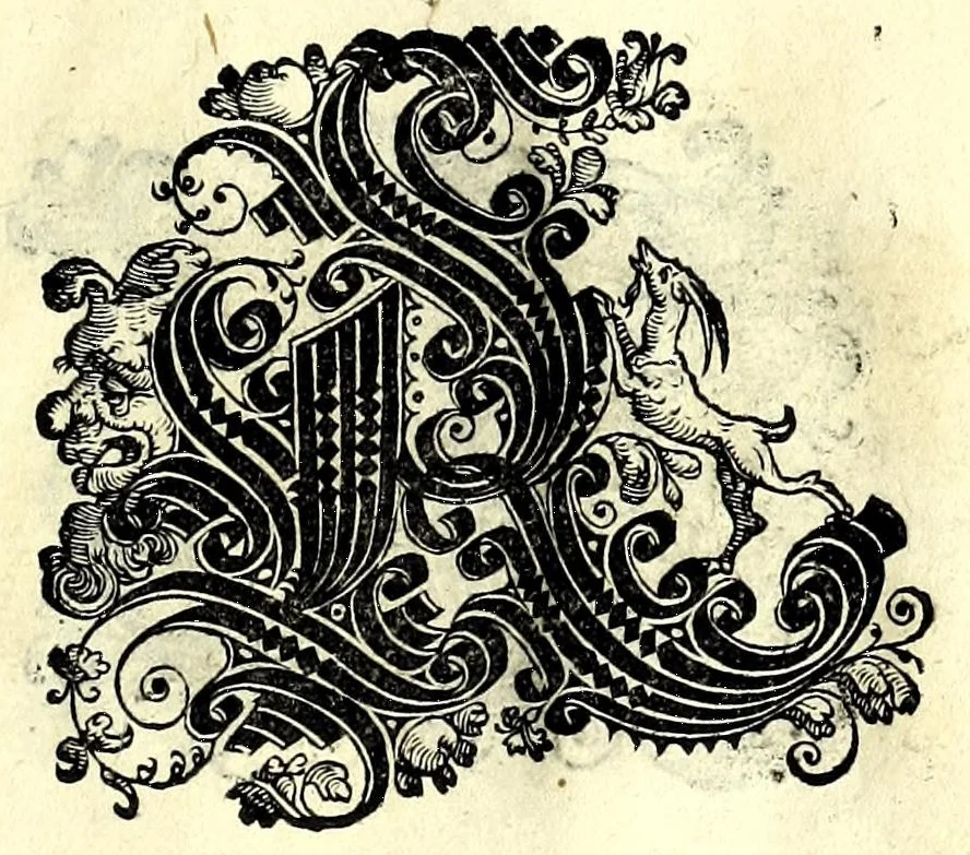 An illustration from Opera di frate Vespasiano Amphiareo da Ferrara dell'ordine minore conventvale, nella qvale s'insegna a scrivere varie sorti di lettere : & massime una lettera bastarda da lui nouamente con sua industria ritrouata, laquale serue al cancellaresco & mercantesco : poi insegna a far l'inchiostro negrissimo con tanta facilità, che ciascuno per semplice che sia, lo saprà far da se : anchora a macinar l'oro, & scriuere con esso come si farà con l'inchiostro, parimente a scriuere con l'azurro, & col cenaprio : opera vtilissima, e molto necessaria all'uso humano : aggivntovi di nvovo dve bellissimi alpha beti di maiuscole, che nell'altre impressioni non si sono piu stampati, 1572, leaf 79