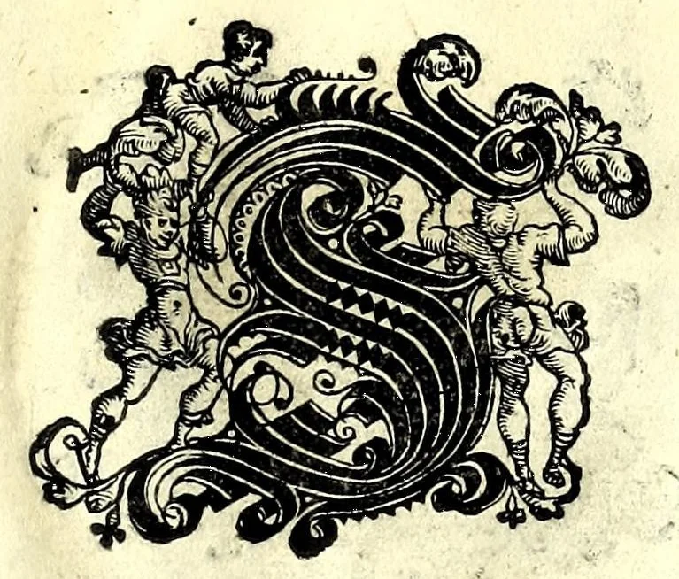 An illustration from Opera di frate Vespasiano Amphiareo da Ferrara dell'ordine minore conventvale, nella qvale s'insegna a scrivere varie sorti di lettere : & massime una lettera bastarda da lui nouamente con sua industria ritrouata, laquale serue al cancellaresco & mercantesco : poi insegna a far l'inchiostro negrissimo con tanta facilità, che ciascuno per semplice che sia, lo saprà far da se : anchora a macinar l'oro, & scriuere con esso come si farà con l'inchiostro, parimente a scriuere con l'azurro, & col cenaprio : opera vtilissima, e molto necessaria all'uso humano : aggivntovi di nvovo dve bellissimi alpha beti di maiuscole, che nell'altre impressioni non si sono piu stampati, 1572, leaf 79