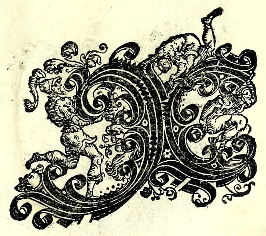 An illustration from Opera di frate Vespasiano Amphiareo da Ferrara dell'ordine minore conventvale, nella qvale s'insegna a scrivere varie sorti di lettere : & massime una lettera bastarda da lui nouamente con sua industria ritrouata, laquale serue al cancellaresco & mercantesco : poi insegna a far l'inchiostro negrissimo con tanta facilità, che ciascuno per semplice che sia, lo saprà far da se : anchora a macinar l'oro, & scriuere con esso come si farà con l'inchiostro, parimente a scriuere con l'azurro, & col cenaprio : opera vtilissima, e molto necessaria all'uso humano : aggivntovi di nvovo dve bellissimi alpha beti di maiuscole, che nell'altre impressioni non si sono piu stampati, 1572, leaf 81