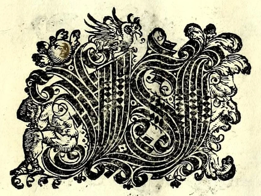 An illustration from Opera di frate Vespasiano Amphiareo da Ferrara dell'ordine minore conventvale, nella qvale s'insegna a scrivere varie sorti di lettere : & massime una lettera bastarda da lui nouamente con sua industria ritrouata, laquale serue al cancellaresco & mercantesco : poi insegna a far l'inchiostro negrissimo con tanta facilità, che ciascuno per semplice che sia, lo saprà far da se : anchora a macinar l'oro, & scriuere con esso come si farà con l'inchiostro, parimente a scriuere con l'azurro, & col cenaprio : opera vtilissima, e molto necessaria all'uso humano : aggivntovi di nvovo dve bellissimi alpha beti di maiuscole, che nell'altre impressioni non si sono piu stampati, 1572, leaf 81