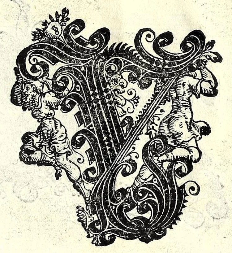 An illustration from Opera di frate Vespasiano Amphiareo da Ferrara dell'ordine minore conventvale, nella qvale s'insegna a scrivere varie sorti di lettere : & massime una lettera bastarda da lui nouamente con sua industria ritrouata, laquale serue al cancellaresco & mercantesco : poi insegna a far l'inchiostro negrissimo con tanta facilità, che ciascuno per semplice che sia, lo saprà far da se : anchora a macinar l'oro, & scriuere con esso come si farà con l'inchiostro, parimente a scriuere con l'azurro, & col cenaprio : opera vtilissima, e molto necessaria all'uso humano : aggivntovi di nvovo dve bellissimi alpha beti di maiuscole, che nell'altre impressioni non si sono piu stampati, 1572, leaf 82