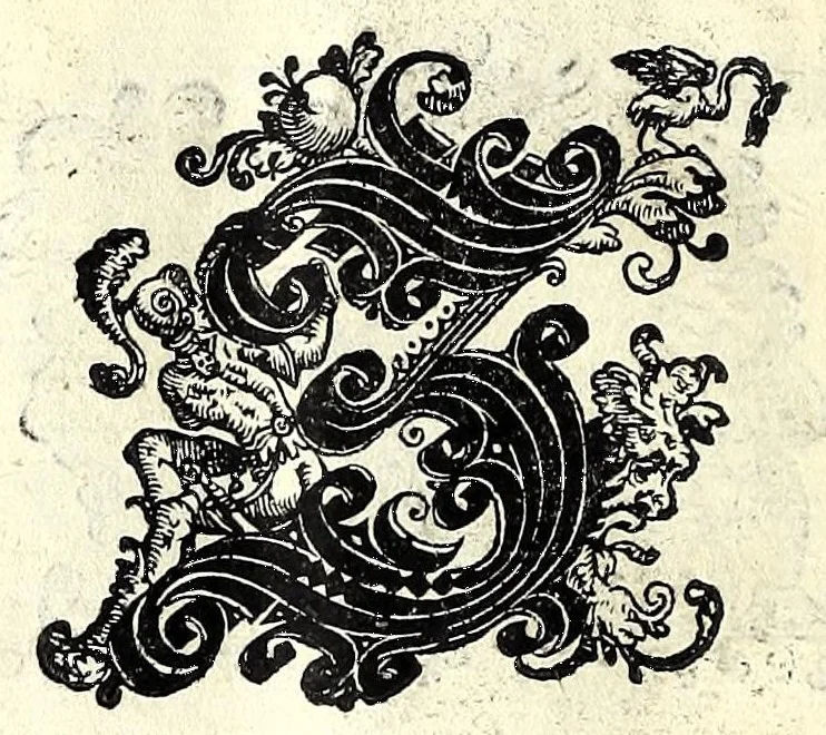 An illustration from Opera di frate Vespasiano Amphiareo da Ferrara dell'ordine minore conventvale, nella qvale s'insegna a scrivere varie sorti di lettere : & massime una lettera bastarda da lui nouamente con sua industria ritrouata, laquale serue al cancellaresco & mercantesco : poi insegna a far l'inchiostro negrissimo con tanta facilità, che ciascuno per semplice che sia, lo saprà far da se : anchora a macinar l'oro, & scriuere con esso come si farà con l'inchiostro, parimente a scriuere con l'azurro, & col cenaprio : opera vtilissima, e molto necessaria all'uso humano : aggivntovi di nvovo dve bellissimi alpha beti di maiuscole, che nell'altre impressioni non si sono piu stampati, 1572, leaf 82