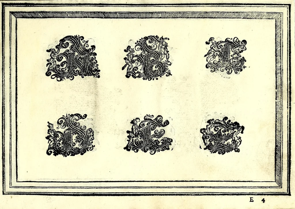 An illustration from Opera di frate Vespasiano Amphiareo da Ferrara dell'ordine minore conventvale, nella qvale s'insegna a scrivere varie sorti di lettere : & massime una lettera bastarda da lui nouamente con sua industria ritrouata, laquale serue al cancellaresco & mercantesco : poi insegna a far l'inchiostro negrissimo con tanta facilità, che ciascuno per semplice che sia, lo saprà far da se : anchora a macinar l'oro, & scriuere con esso come si farà con l'inchiostro, parimente a scriuere con l'azurro, & col cenaprio : opera vtilissima, e molto necessaria all'uso humano : aggivntovi di nvovo dve bellissimi alpha beti di maiuscole, che nell'altre impressioni non si sono piu stampati, 1572, leaf 83