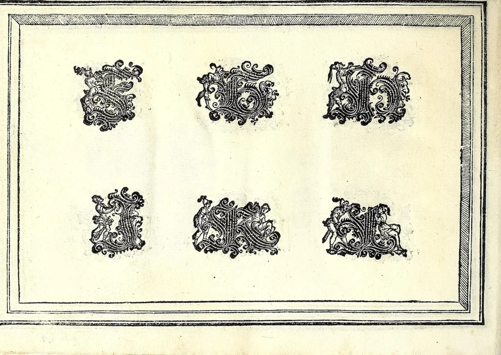 An illustration from Opera di frate Vespasiano Amphiareo da Ferrara dell'ordine minore conventvale, nella qvale s'insegna a scrivere varie sorti di lettere : & massime una lettera bastarda da lui nouamente con sua industria ritrouata, laquale serue al cancellaresco & mercantesco : poi insegna a far l'inchiostro negrissimo con tanta facilità, che ciascuno per semplice che sia, lo saprà far da se : anchora a macinar l'oro, & scriuere con esso come si farà con l'inchiostro, parimente a scriuere con l'azurro, & col cenaprio : opera vtilissima, e molto necessaria all'uso humano : aggivntovi di nvovo dve bellissimi alpha beti di maiuscole, che nell'altre impressioni non si sono piu stampati, 1572, leaf 84