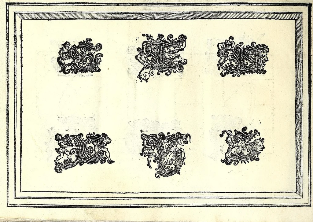 An illustration from Opera di frate Vespasiano Amphiareo da Ferrara dell'ordine minore conventvale, nella qvale s'insegna a scrivere varie sorti di lettere : & massime una lettera bastarda da lui nouamente con sua industria ritrouata, laquale serue al cancellaresco & mercantesco : poi insegna a far l'inchiostro negrissimo con tanta facilità, che ciascuno per semplice che sia, lo saprà far da se : anchora a macinar l'oro, & scriuere con esso come si farà con l'inchiostro, parimente a scriuere con l'azurro, & col cenaprio : opera vtilissima, e molto necessaria all'uso humano : aggivntovi di nvovo dve bellissimi alpha beti di maiuscole, che nell'altre impressioni non si sono piu stampati, 1572, leaf 86