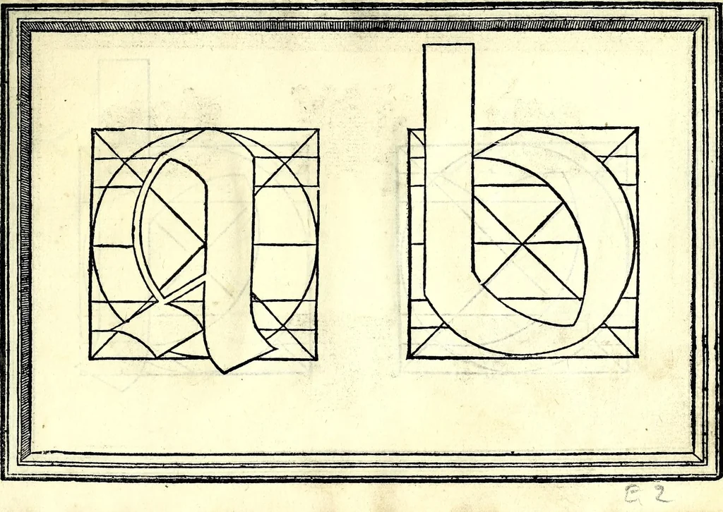 An illustration from Opera di frate Vespasiano Amphiareo da Ferrara dell'ordine minore conventvale, nella qvale s'insegna a scrivere varie sorti di lettere : & massime una lettera bastarda da lui nouamente con sua industria ritrouata, laquale serue al cancellaresco & mercantesco : poi insegna a far l'inchiostro negrissimo con tanta facilità, che ciascuno per semplice che sia, lo saprà far da se : anchora a macinar l'oro, & scriuere con esso come si farà con l'inchiostro, parimente a scriuere con l'azurro, & col cenaprio : opera vtilissima, e molto necessaria all'uso humano : aggivntovi di nvovo dve bellissimi alpha beti di maiuscole, che nell'altre impressioni non si sono piu stampati, 1572, leaf 87