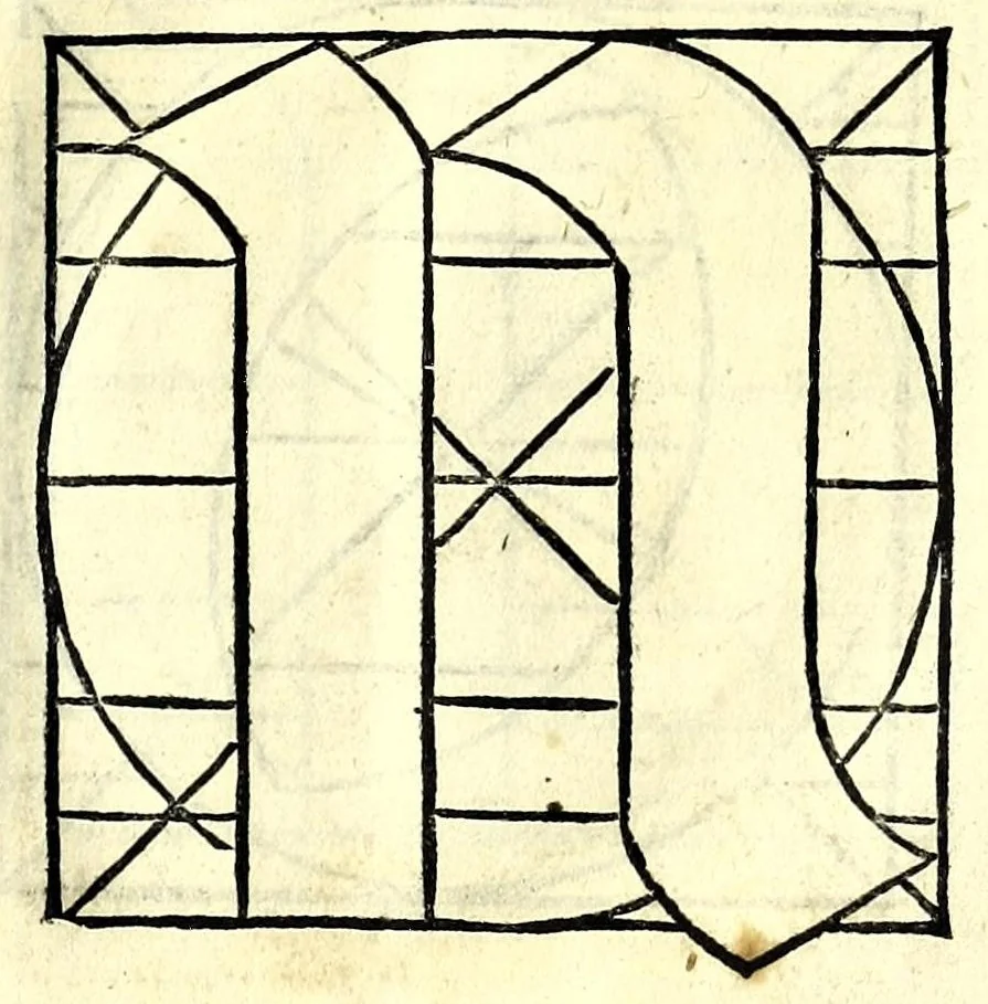 An illustration from Opera di frate Vespasiano Amphiareo da Ferrara dell'ordine minore conventvale, nella qvale s'insegna a scrivere varie sorti di lettere : & massime una lettera bastarda da lui nouamente con sua industria ritrouata, laquale serue al cancellaresco & mercantesco : poi insegna a far l'inchiostro negrissimo con tanta facilità, che ciascuno per semplice che sia, lo saprà far da se : anchora a macinar l'oro, & scriuere con esso come si farà con l'inchiostro, parimente a scriuere con l'azurro, & col cenaprio : opera vtilissima, e molto necessaria all'uso humano : aggivntovi di nvovo dve bellissimi alpha beti di maiuscole, che nell'altre impressioni non si sono piu stampati, 1572, leaf 93