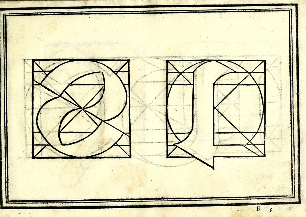 An illustration from Opera di frate Vespasiano Amphiareo da Ferrara dell'ordine minore conventvale, nella qvale s'insegna a scrivere varie sorti di lettere : & massime una lettera bastarda da lui nouamente con sua industria ritrouata, laquale serue al cancellaresco & mercantesco : poi insegna a far l'inchiostro negrissimo con tanta facilità, che ciascuno per semplice che sia, lo saprà far da se : anchora a macinar l'oro, & scriuere con esso come si farà con l'inchiostro, parimente a scriuere con l'azurro, & col cenaprio : opera vtilissima, e molto necessaria all'uso humano : aggivntovi di nvovo dve bellissimi alpha beti di maiuscole, che nell'altre impressioni non si sono piu stampati, 1572, leaf 97