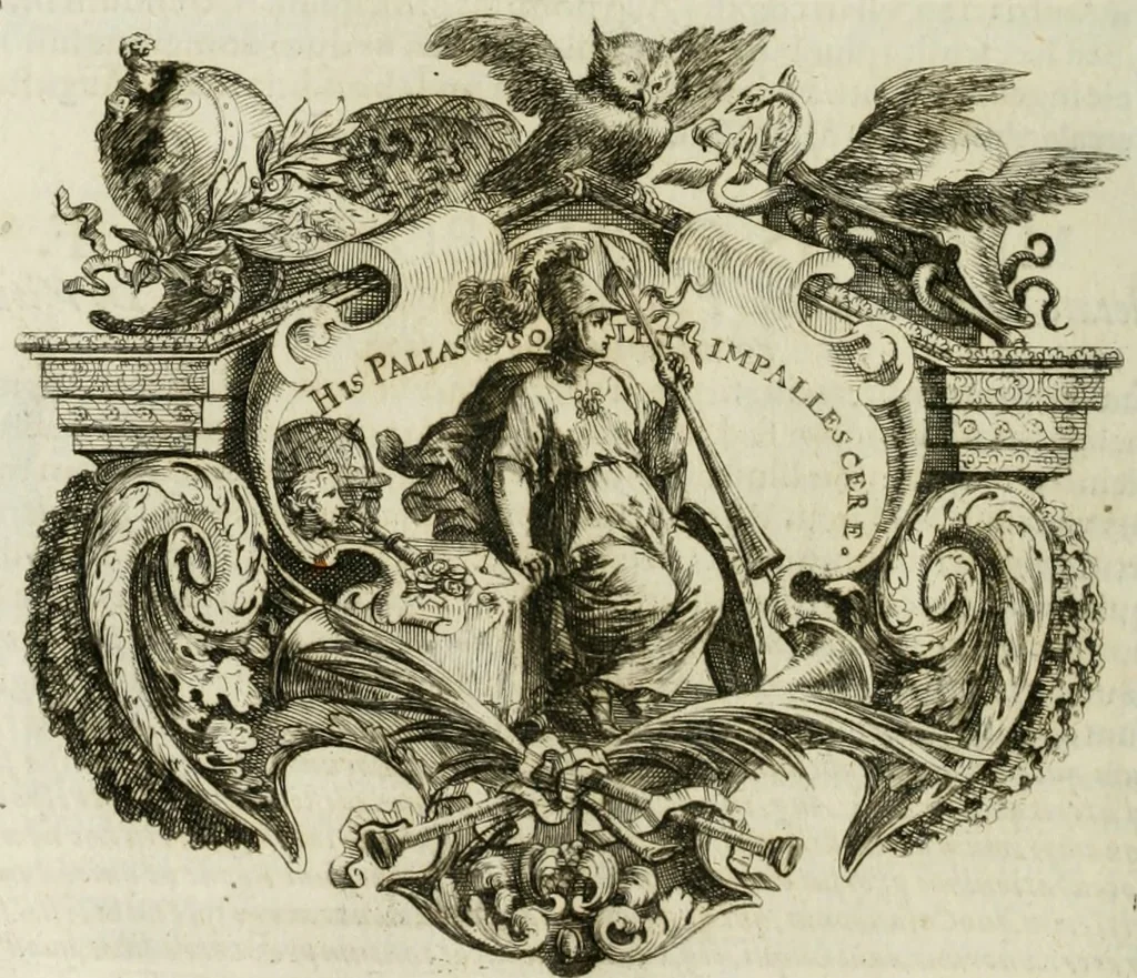 An illustration from Opera historica et philologica, sacra et profana. In quibus historia Boica, res augustanae, conversio & passio ss. martyrum Afrae, Hilariae, Dignae [et al.] ... continentur, 1682, leaf 1043