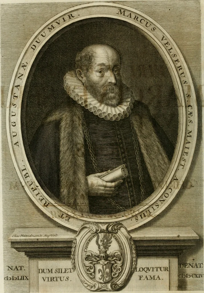 An illustration from Opera historica et philologica, sacra et profana. In quibus historia Boica, res augustanae, conversio & passio ss. martyrum Afrae, Hilariae, Dignae [et al.] ... continentur, 1682, leaf 25