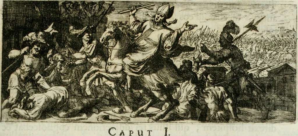 An illustration from Opera historica et philologica, sacra et profana. In quibus historia Boica, res augustanae, conversio & passio ss. martyrum Afrae, Hilariae, Dignae [et al.] ... continentur, 1682, leaf 654