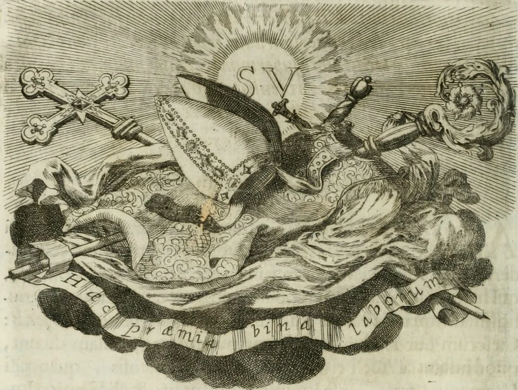An illustration from Opera historica et philologica, sacra et profana. In quibus historia Boica, res augustanae, conversio & passio ss. martyrum Afrae, Hilariae, Dignae [et al.] ... continentur, 1682, leaf 763