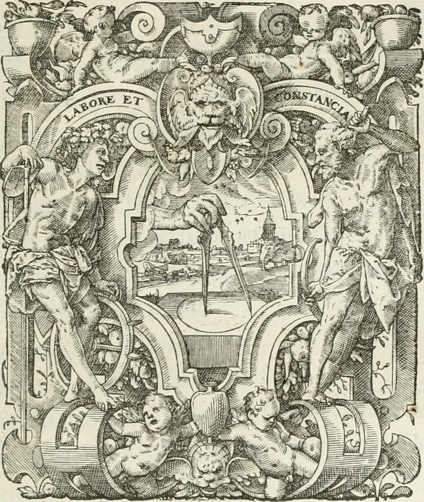 An illustration from Opera Ioan. Goropii Becani, hactenus in lucum non edita: nempe, Hermathena, Heiroglyphica, Vertumnus, Gallica, Francica, Hispanica, 1580, leaf 692
