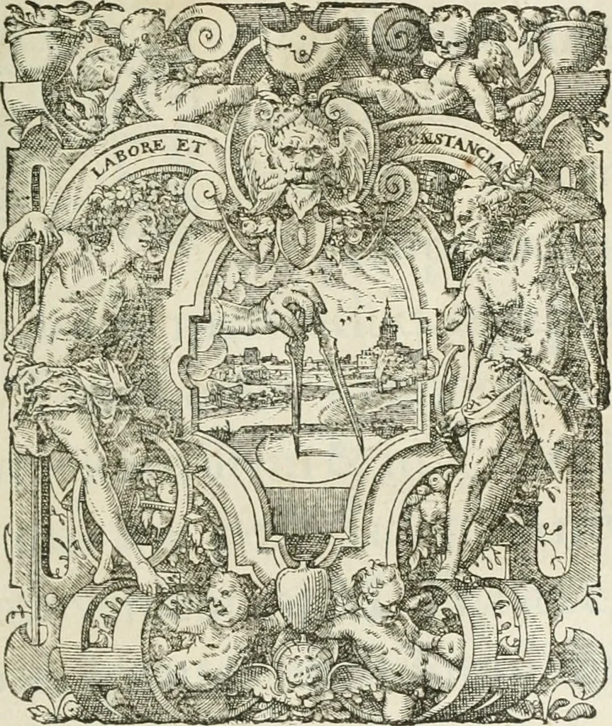 An illustration from Opera Ioan. Goropii Becani, hactenus in lucum non edita: nempe, Hermathena, Heiroglyphica, Vertumnus, Gallica, Francica, Hispanica, 1580, leaf 864